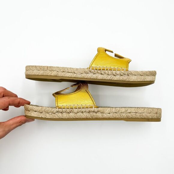 Gucci InterlockingGG Gold Leather Espadrille Sandals Slides Cutout Size 40, US 1 - Picture 6 of 13